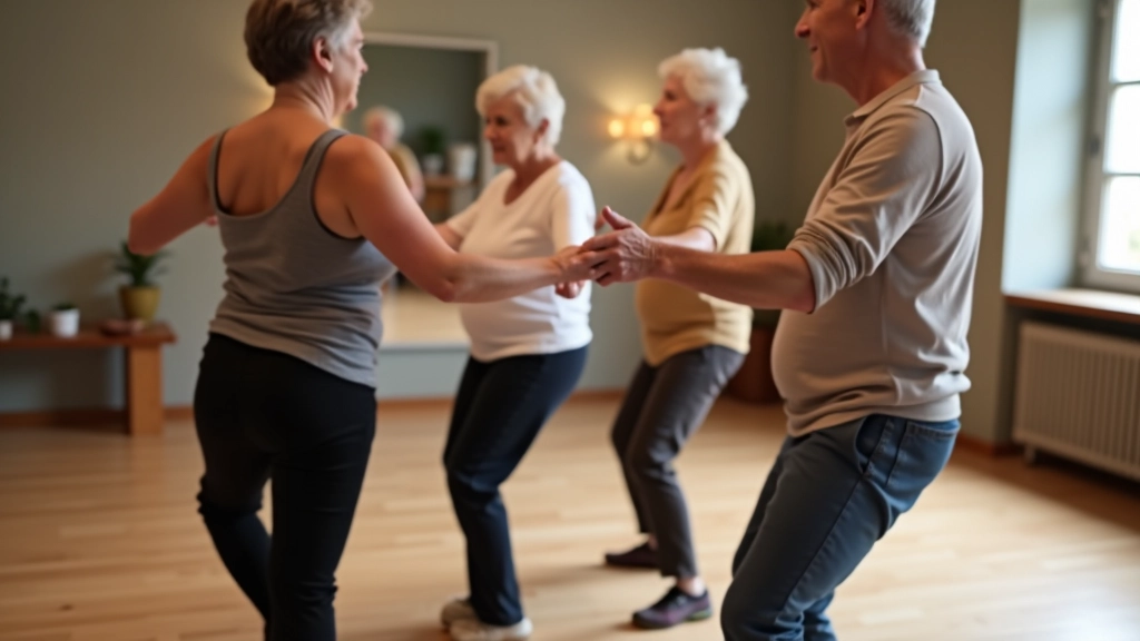 Skupinka seniorů cvičí základní kraky bachaty v řadě, počítají si do osmi, slunečné taneční studio